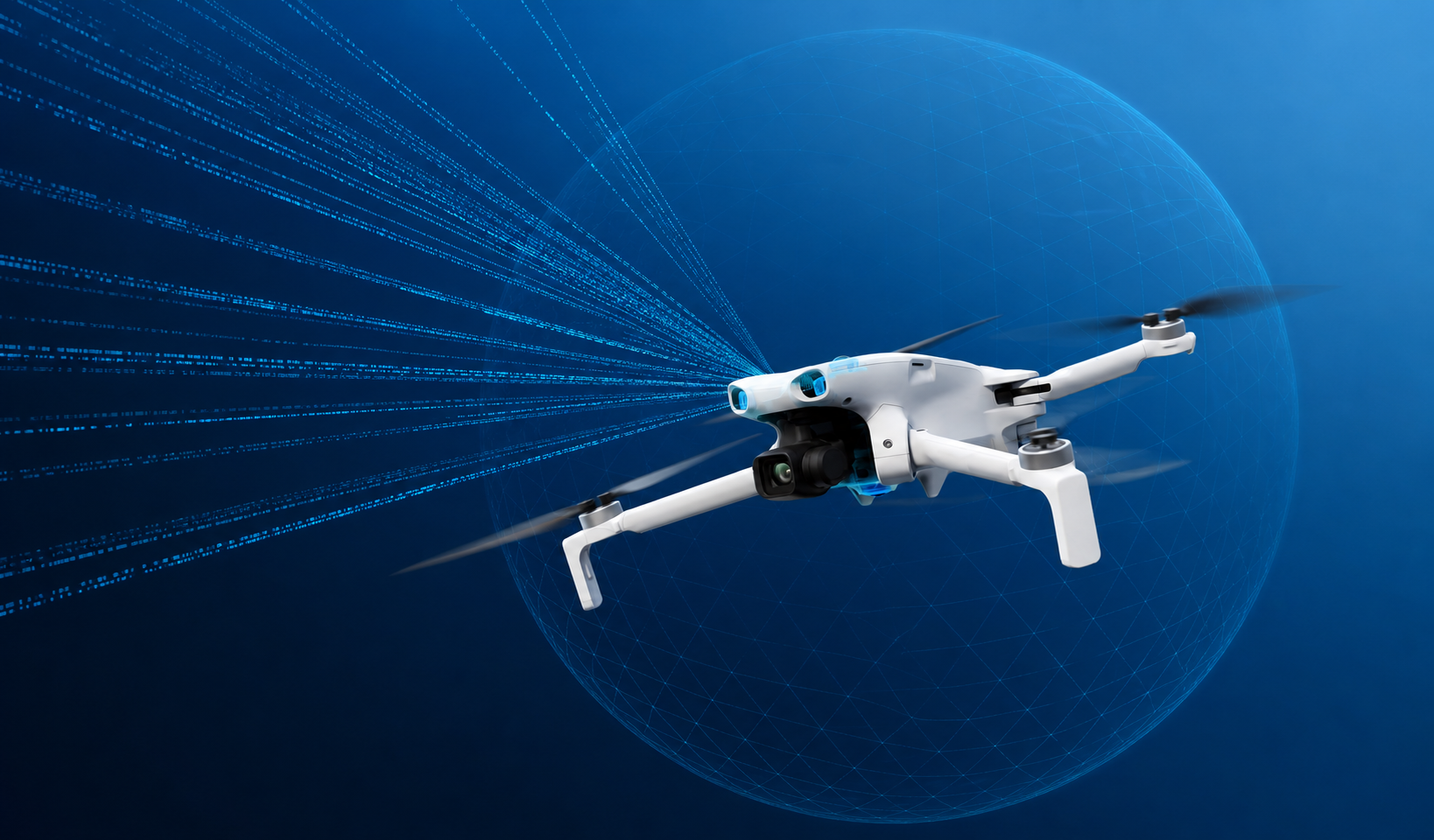 Drohne mit digitalen 360-Grad-Datenstrahlen vor blauem Technikhintergrund